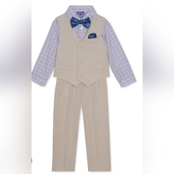 Nautica Beige Linen Look 4pc Dress Shirt Bowtie Vest And Pants Sz 3T Boy NEW - Picture 1 of 8